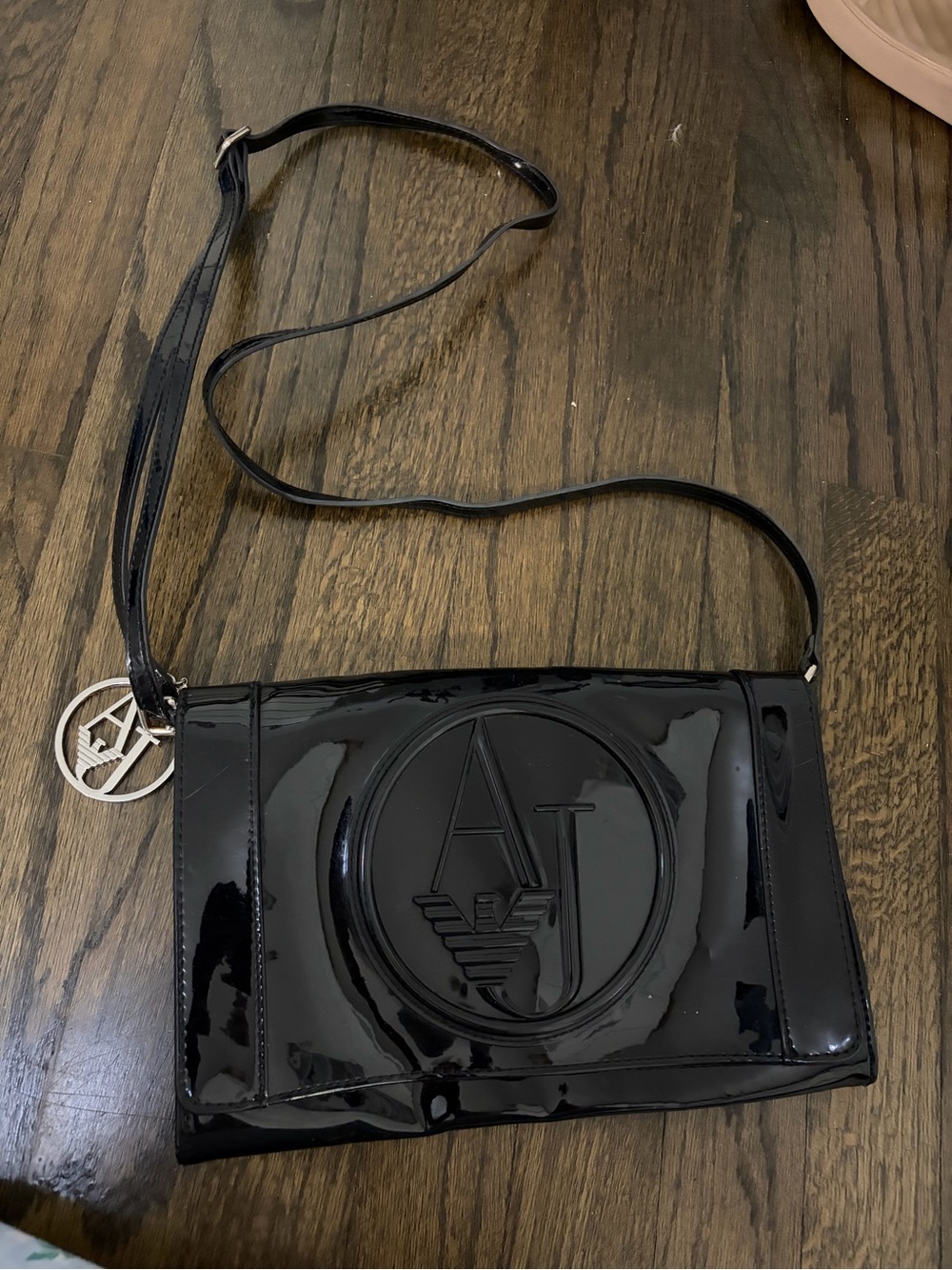 Armani Jeans Black Patent Logo Crossbody Bag